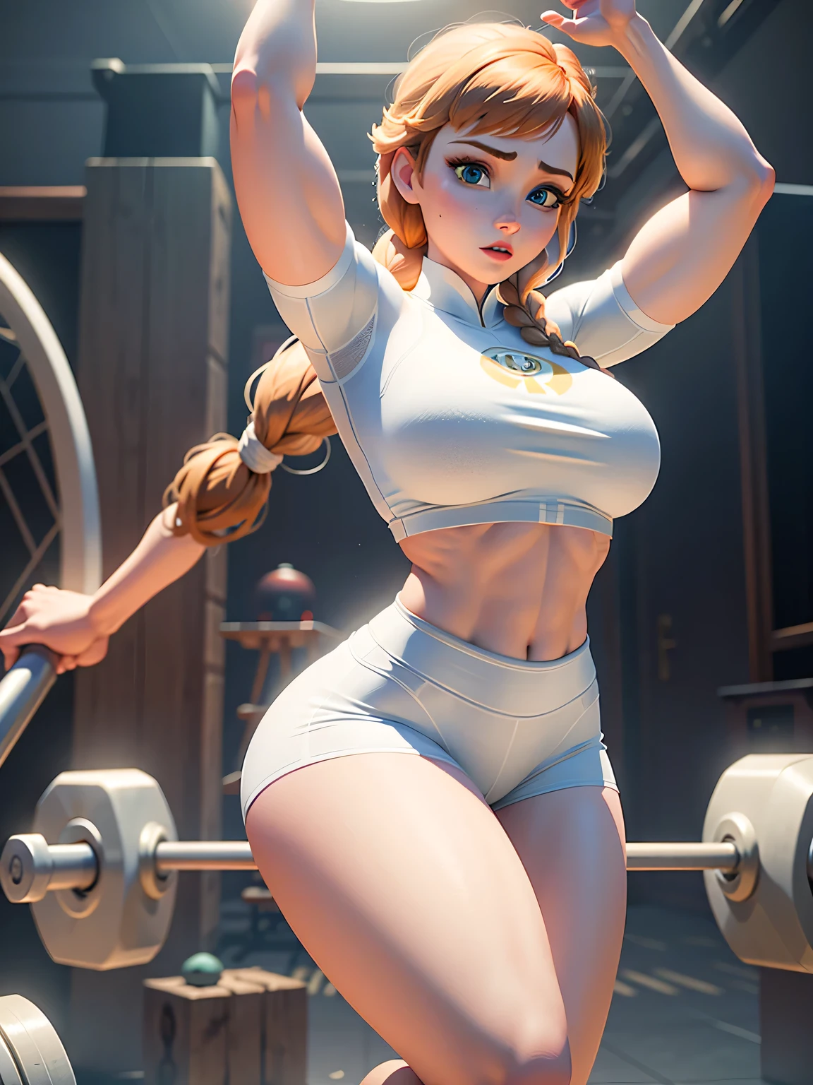 Anna of Arendelle wearing white gym clothes, Breasts huge, large legs, under