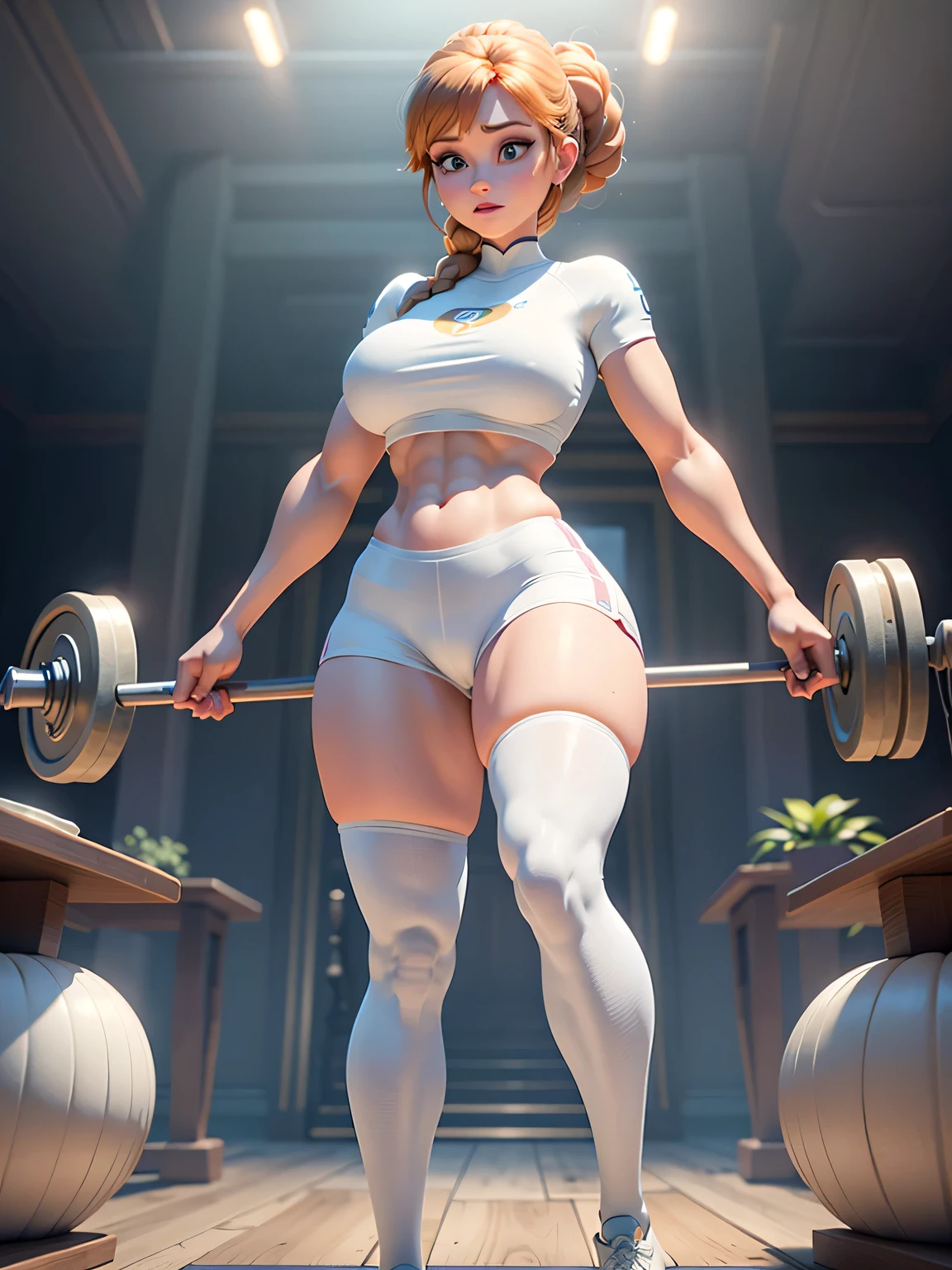 Anna of Arendelle wearing white gym clothes, Breasts huge, large legs