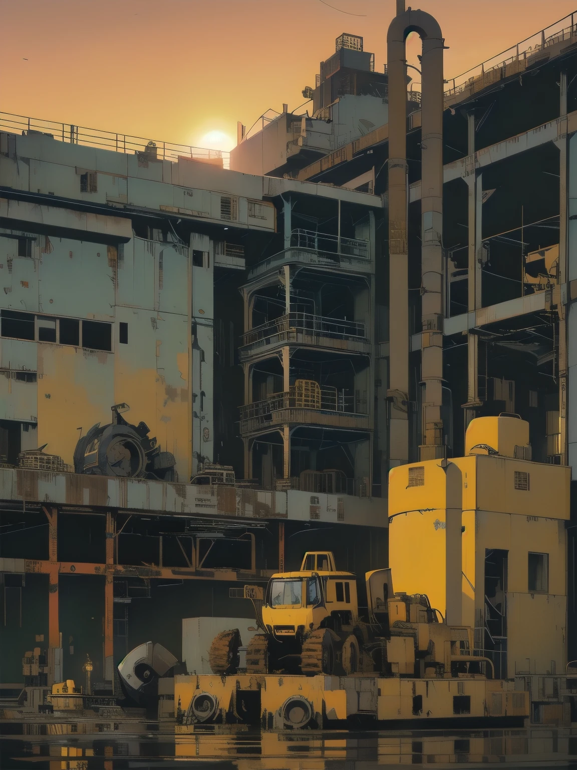 Detailed Machinery、Abandoned Factory、Atrium、White Flower Field、(((Rusty yellow heavy machinery)))、Pitch Black Night、Blue Dark、fog、Detailed Background、Highest quality、(((No humans)))、Broken heavy machinery、(((sunset))), (((Submersion)))