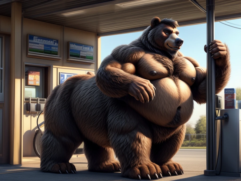 furry, fur taur, huge bear, beartaur, middle-age, solo,1man, detailed face, bear ears, bear eyes(green), bear nose(black), bear mouth, garibaldi beard(grey), hair, mature hair(grey), detailed arm, thick arm, forearm hair, muscular, thick hands(5 fingers), thick claws, detailed body belly, thick body, brown skin, muscle belly(white), thick chest, chest hair(white), nipples, detailed taur body, thick taur body, waist hair, thick bear paws, bear paws hair, thick bear claws, thick bear tail, bear tail, full body shot, standing in the gas station