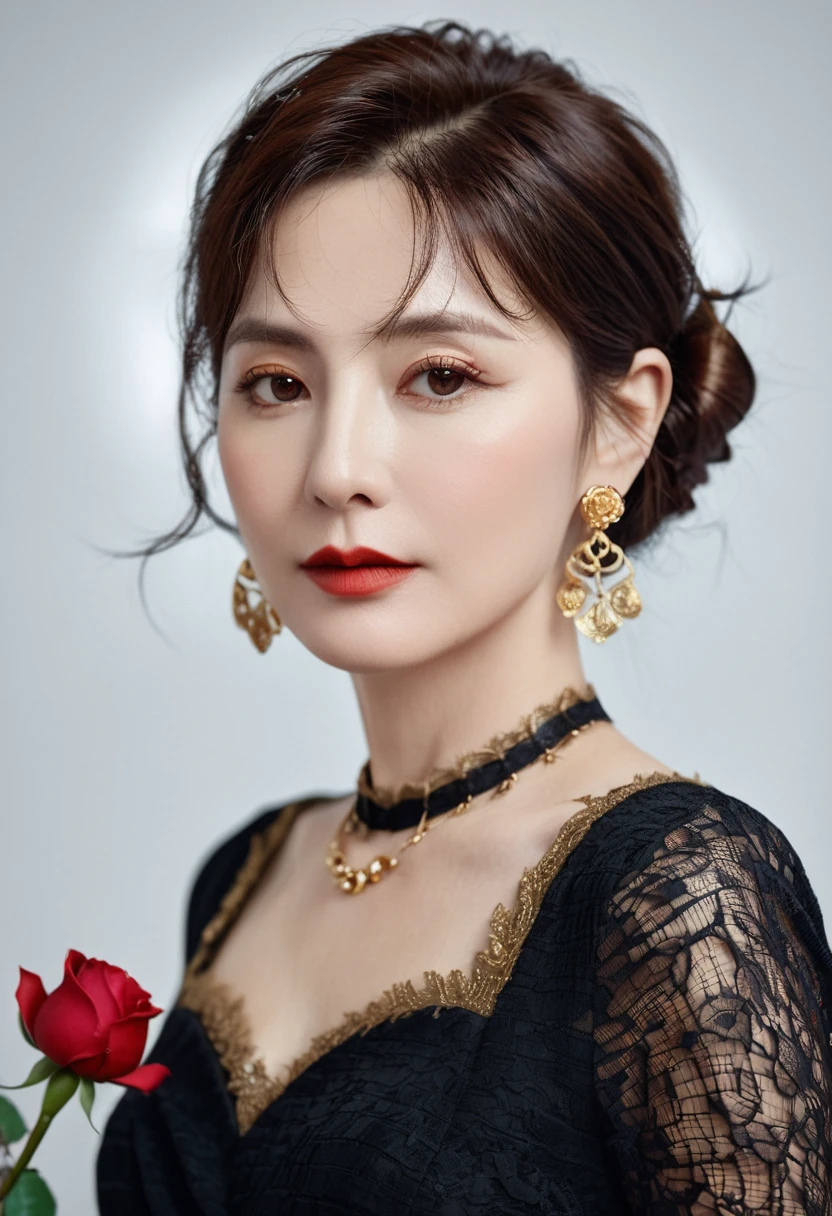 8K, RAW photos, Fujifilm, Stylized photo of a beautiful 45-year-old woman, Square face, There is a red rose on the neck, Wearing a black lace dress with red, Gold earrings, As powerful as a spinning pigeon, (Highly refined skin: 1.2), Medium brown hair with light, Film Grain, 35 mm, Cute style
