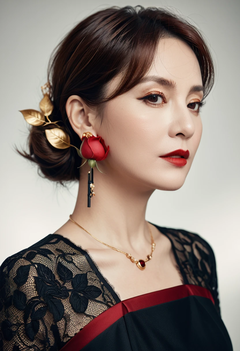 8K, RAW photos, Fujifilm, Stylized photo of a beautiful 45-year-old woman, Square face, There is a red rose on the neck, Wearing a black lace dress with red, Gold earrings, As powerful as a spinning pigeon, (Highly refined skin: 1.2), Medium brown hair with light, Film Grain, 35 mm, Cute style