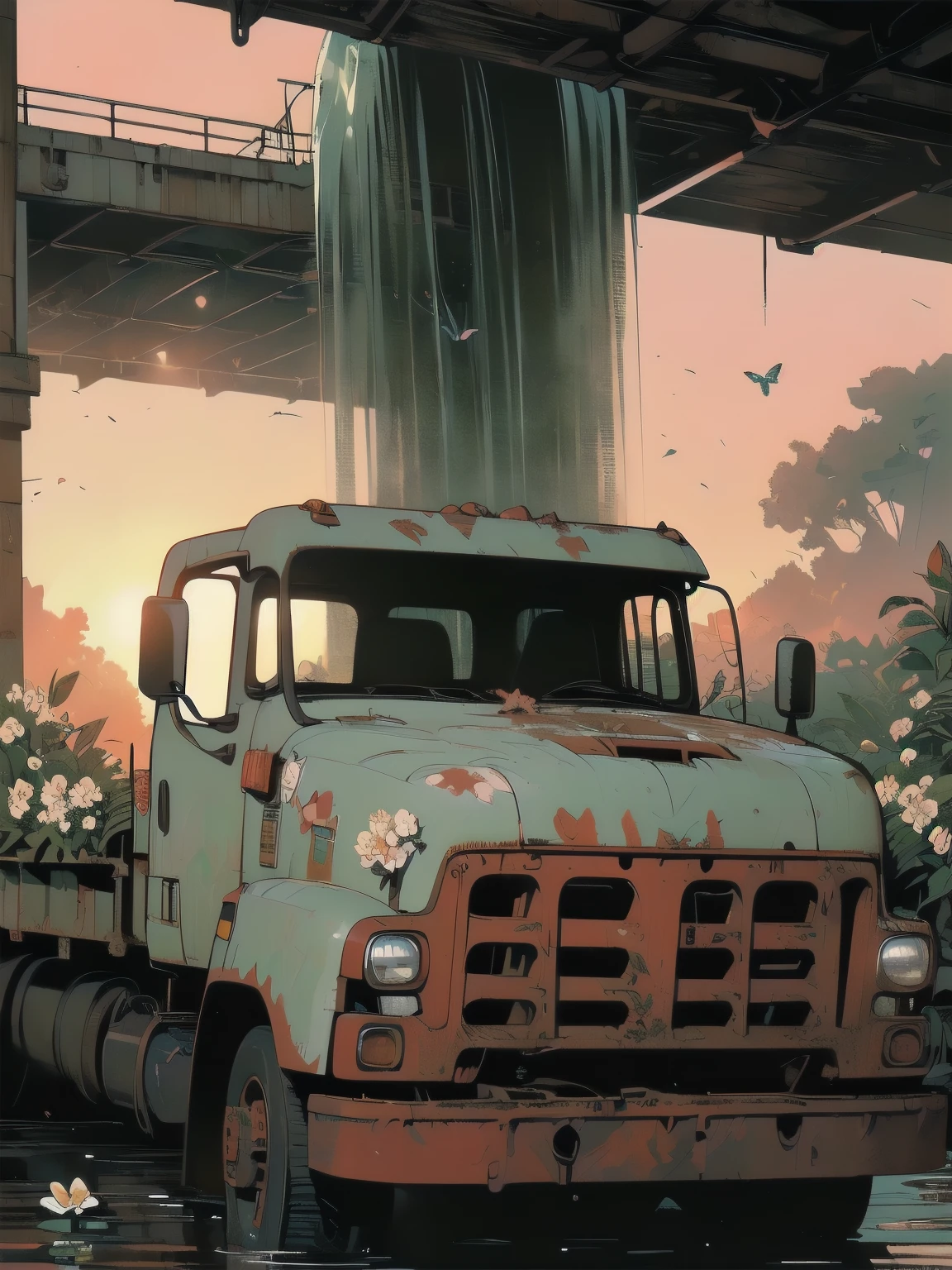 (((Masterpiece, Top Quality))), (((32K wallpaper))), detailed machinery, abandoned factory, stairwell, (((white flower field))), (((rusty white heavy truck))), gorgeous light leak, (((backlit))), detailed background, top quality, (((no humans))), collapsed heavy machinery, complex heavy machinery, pale lighting, (((very dull color )))), (((detailed rusty heavy truck))), (((lots of white flowers falling))), (((flowers growing out of rusty heavy truck))), (((lots of butterflies))), (((abandoned garage))), (((submerged))), (((waterfall falling from ceiling))), (((waterfall on heavy truck)))), (((( Bright red sunset))), (((detailed waterfall and water))), (((close up of heavy truck))