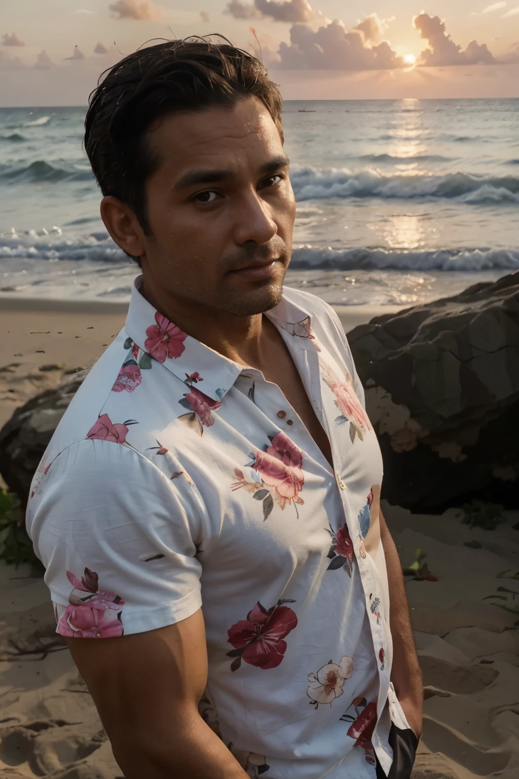 40-year-old man in floral shirt, lightly tanned skin, slightly muscular, on a beach, looking towards a sunset, in 8k quality, very realistic.