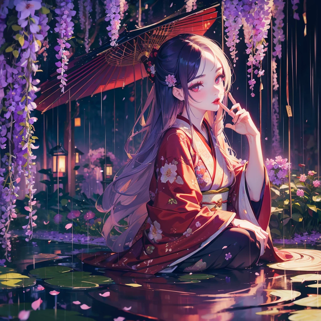 portrait of 1 beautiful geisha in the wisteria forest, raining, dark night, wavy hair, pale skin, makeup, red lips, sitting, kissing flowers, , kimono, hanfu, floral print, (Beautifully Aesthetic:1.2),field, wisteria, peace, tranquility, serenity, petals