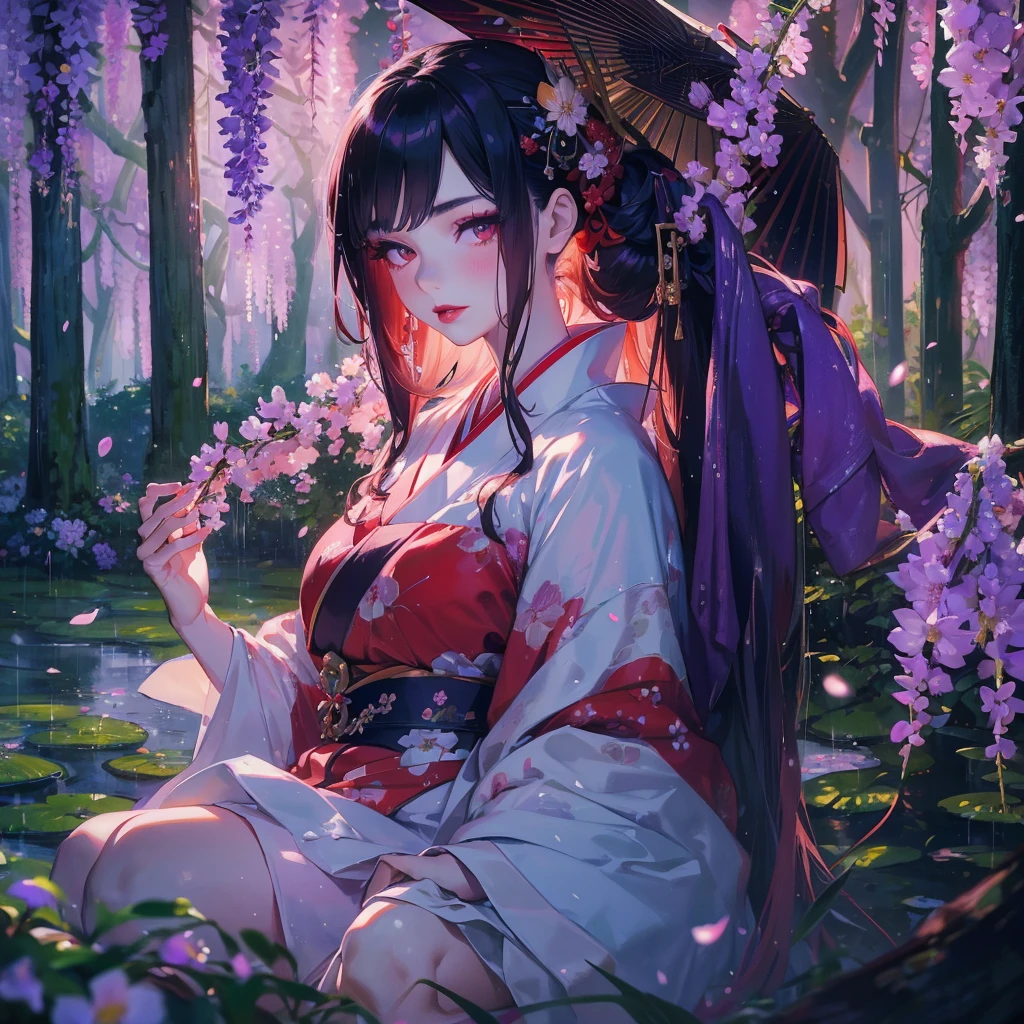 portrait of 1 beautiful geisha in the wisteria forest, dark night, wavy hair, pale skin, makeup, red lips, sitting, kissing flowers, , kimono, hanfu, floral print, (Beautifully Aesthetic:1.2),field, wisteria, peace, tranquility, serenity, petals