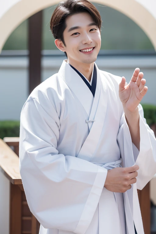 Handsome Korean man smiling in white hanbok, staring straight ahead, clapping, 8k