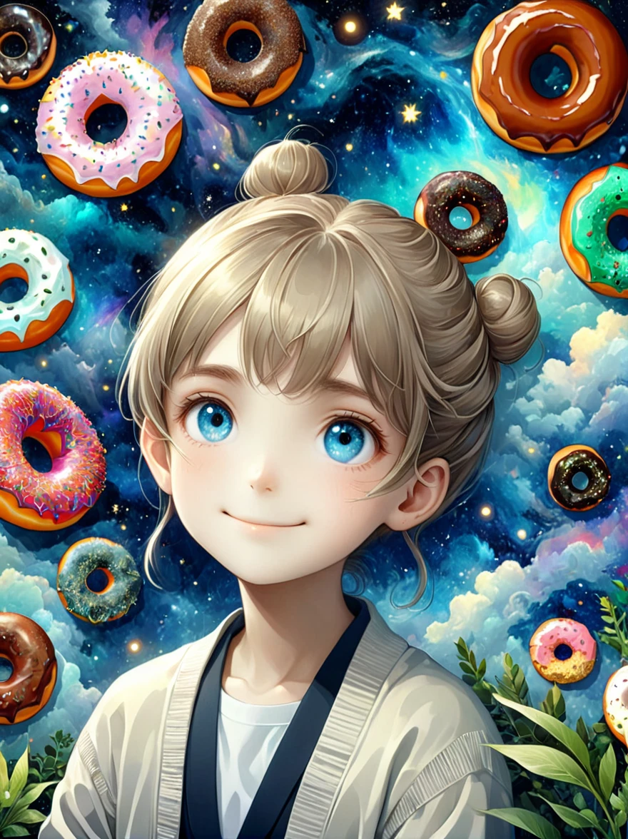 (masutepiece,Digital art,Digital illustration,8k,Super Fine,Beautiful images,Clear images,Photorealism,original photo,Perfect face,Perfect lines,Perfect eyes,Soft Lighting),1girl,(Light brown hair,High bun,Innocent expression,drooped eyebrows,droopy eyebrows,Droopy eyes,Cute big eyes,Natural makeup,Friendly smile,Rounded chin,Petite female:1.3),1boy,(Men wear,muscular,Broad and strong shoulders,Adult male,Boyish Hairstyle,British gentleman style,Cool Boy、A man with a big smile:1.2),(nervous,shy,sleepy,Awkward:1.2),Innocent smile,(Awkward,shy的微笑:1.1),充满灯光的Donut店,Donut,各种Donut,Uniforms,suit,Black plaid pleated skirt,Loose cardigan,Female high school student,(吃Donut:1.9),Couple,(microorganism,plant,Marine life,Exquisite eyes,Starry Sky,Stitching together an abstract painting,Describing the inner world of autistic people,Sense of space,White Space,interesting,Innocence,Psychedelic Art),