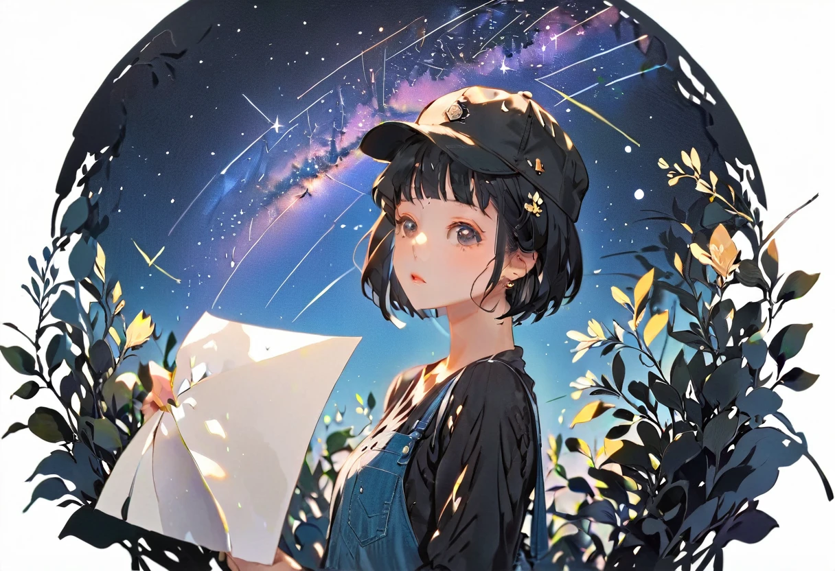 (((How to cut paper))), 1 girl, short black hair, cap, Shirts and denim, portfolio, Gazing at the starry sky