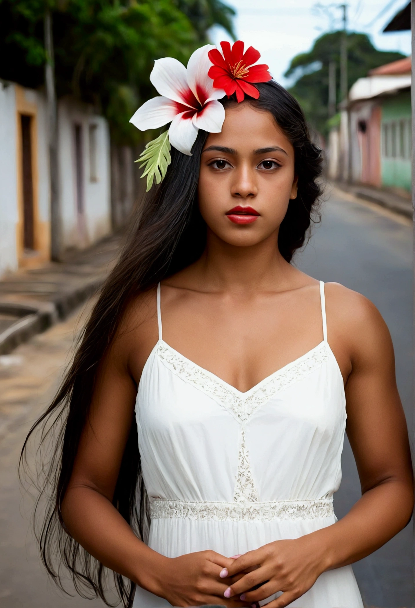 ultra quality, best quality, high definition, 1 woman, alone, beautiful woman, perfect, work of art, HD, perfect face, perfect woman, work of art, delicate, dark skin, mulatto, dense muscukar physique, fine feminine features, beautiful thin nose, perfect, delicate mouth, dark eyes, beautiful detailed, realistic face, black hair, extremely beautiful Brazilian woman, with a red flower in her hair, dark skin, long straight hair blowing in the wind, with a red flower in her hair, short white dress and simple a little transparent, standing on a street in Bahia, inspired by the drama (Gabriela cravo e canela), northeast of Brazil, 1920s street, 1920s, in Bahia, Brazil, beautiful Brazilian mulatta, Bahia