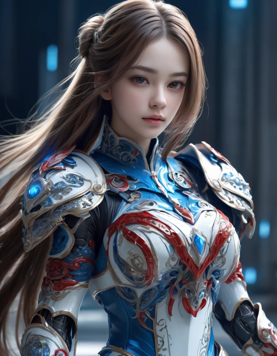 front_view, masterpiece, best quality, Realistic, original photo, (1 girl, looking at viewer), long hair, Machine White Plate, Complex armor, Delicate blue filigree, intricate filaments, red metal parts, Details, dynamic poses, Detailed Background, Dynamic lighting,