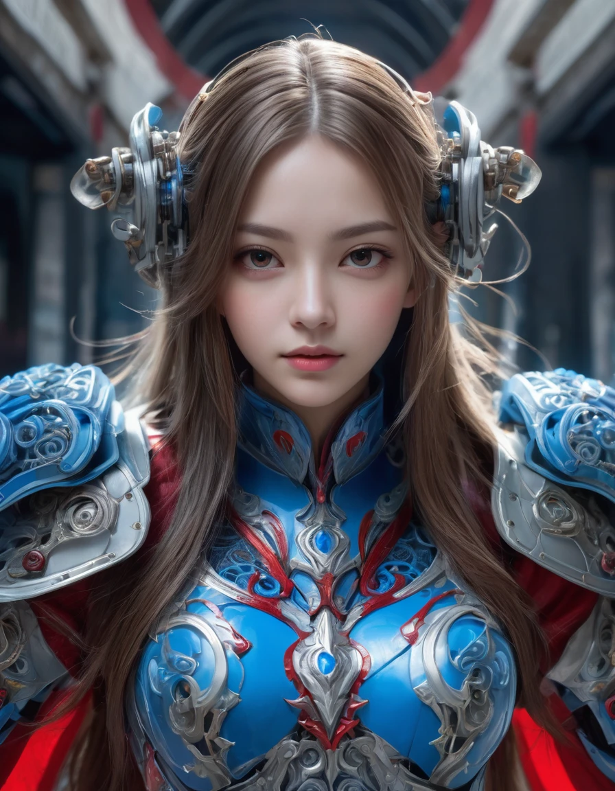 front_view, masterpiece, best quality, Realistic, original photo, (1 girl, looking at viewer), long hair, Machine White Plate, Complex armor, Delicate blue filigree, intricate filaments, red metal parts, Details, dynamic poses, Detailed Background, Dynamic lighting,