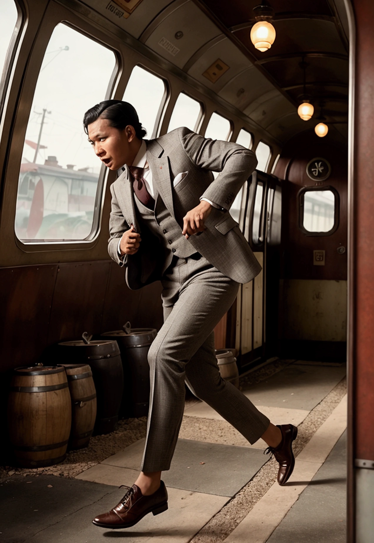 Scene: A Malay man in a vintage suit chases after a runaway train in an old, retro train station. He leaps over luggage and barrels while trying to catch up.
Camera Shot: Medium tracking shot, following the man from the side to emphasize his swift movements and the dynamic environment.
Cinematography: Muted color palette with warm tones, smooth tracking, and symmetrical framing to maintain the distinct Wes Anderson style.