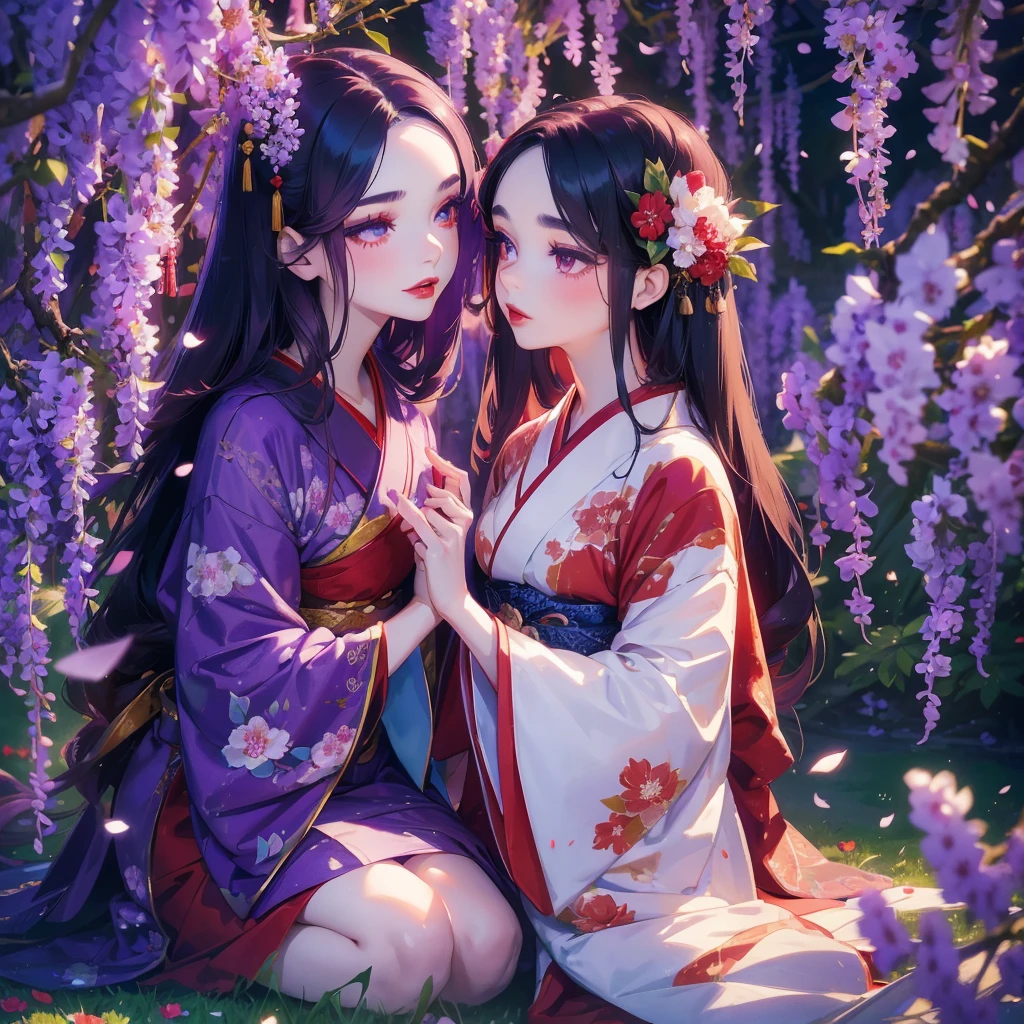 portrait of 1 beautiful geisha in the wisteria forest,  dark night, wavy hair, pale skin, makeup, red lips, sitting, kissing flowers, , kimono, hanfu, floral print, (Beautifully Aesthetic:1.2),field, wisteria, peace, tranquility, serenity, petals