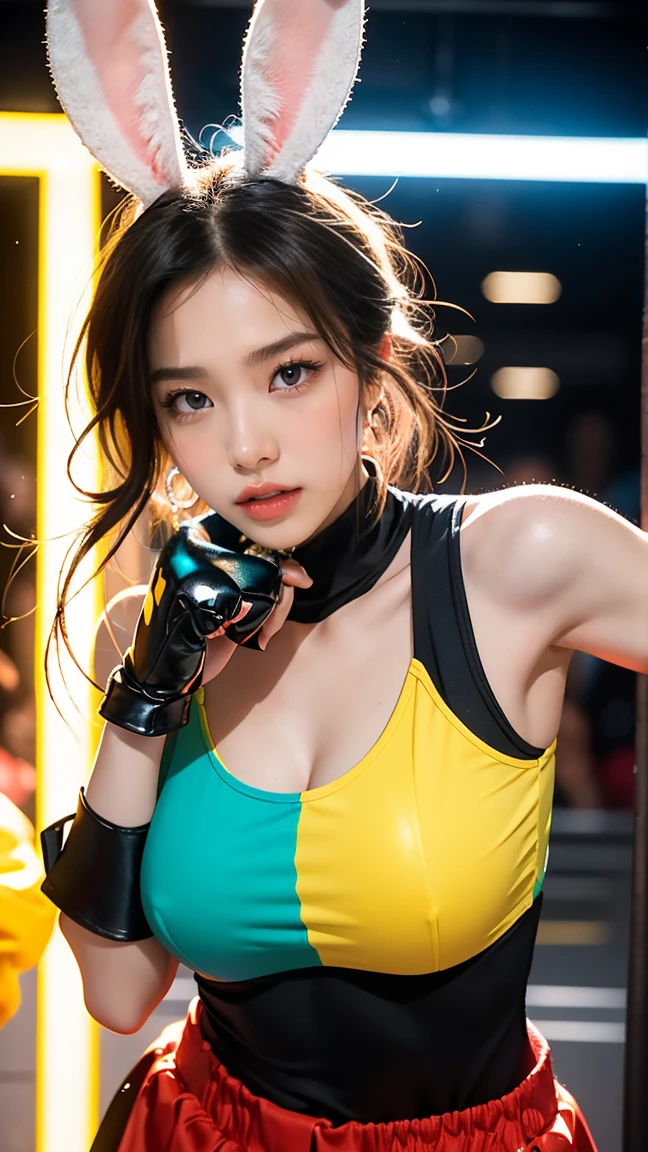 Create an image of Vi in her latest 'Battle Bunny' skin, with a playful, yet fierce outfit that includes bunny ears and vibrant colors. Vi is performing her 'Vi's Punch' ability, with her gauntlets glowing brightly as she delivers a powerful uppercut. The scene features a lively, colorful environment with exaggerated cartoonish effects emphasizing her dynamic action.