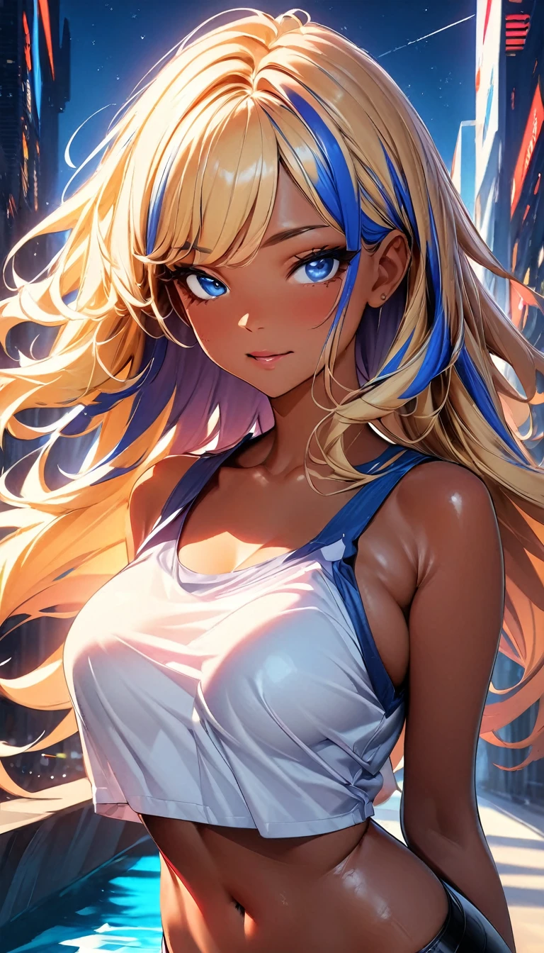 (highest quality:1.2, Very detailed, up to date, Vibrant, Ultra-high resolution, High Contrast, masterpiece:1.2, highest quality, Best aesthetics), Portraiture、girl、slim, Bright colors、Beautiful fine details、Beautiful lip detail、long hair, ((wavy hair:1))、messy hair, blonde and blue ((streaked hair:1.3)), highlights hair: 1.3, midium breast, (tan skin:1.3), 、bandeau top、leather hot pants, cowboy shot,