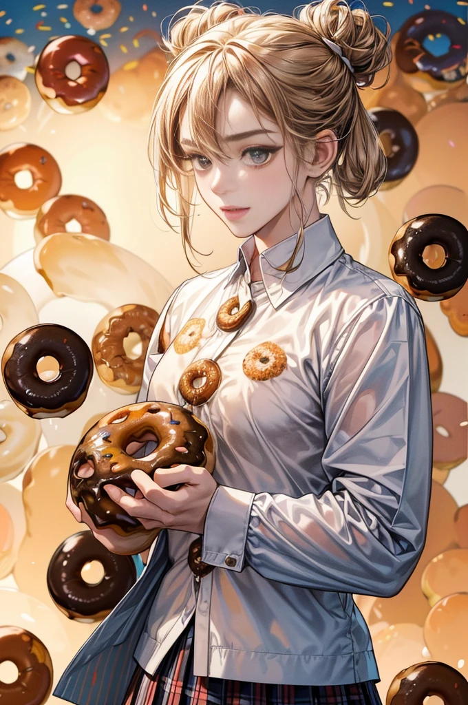 (masutepiece,Digital art,Digital illustration,8k,Super Fine,Beautiful images,Clear images,Photorealism,original photo,Perfect face,Perfect lines,Perfect eyes,Soft Lighting),1girl,(Light brown hair,High bun,Innocent expression,drooped eyebrows,droopy eyebrows,Droopy eyes,Cute big eyes,Natural makeup,Friendly smile,Rounded chin,Petite female:1.3),1boy,(Men wear,muscular,Broad and strong shoulders,Adult male,Boyish Hairstyle,British gentleman style,Cool Boy、A man with a big smile:1.2),(nervous,shy,sleepy,Awkward:1.2),Innocent smile,(Awkward,shy的微笑:1.1),充满灯光的Donut店,Donut,各种Donut,Uniforms,suit,Black plaid pleated skirt,Loose cardigan,Female high school student,(吃Donut:1.9),Couple