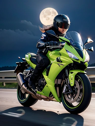 Japanese female, (underweight), (flat chest best quality:1.5), (motion blur:1.2), (long exposure:1.3) ,(highway), motorcycle, (riding Kawasaki super sport motorcycle:1.2), messy hair, (idol:1.2), (Riding a Kawasaki super sports motorcycle on the highway), (wheelie run:1.3), Japanese, (Enjoyable Scene), ((on the road)), with a full moon, (at midnight:1.2), structural, extreme long shot:1.4, from below,