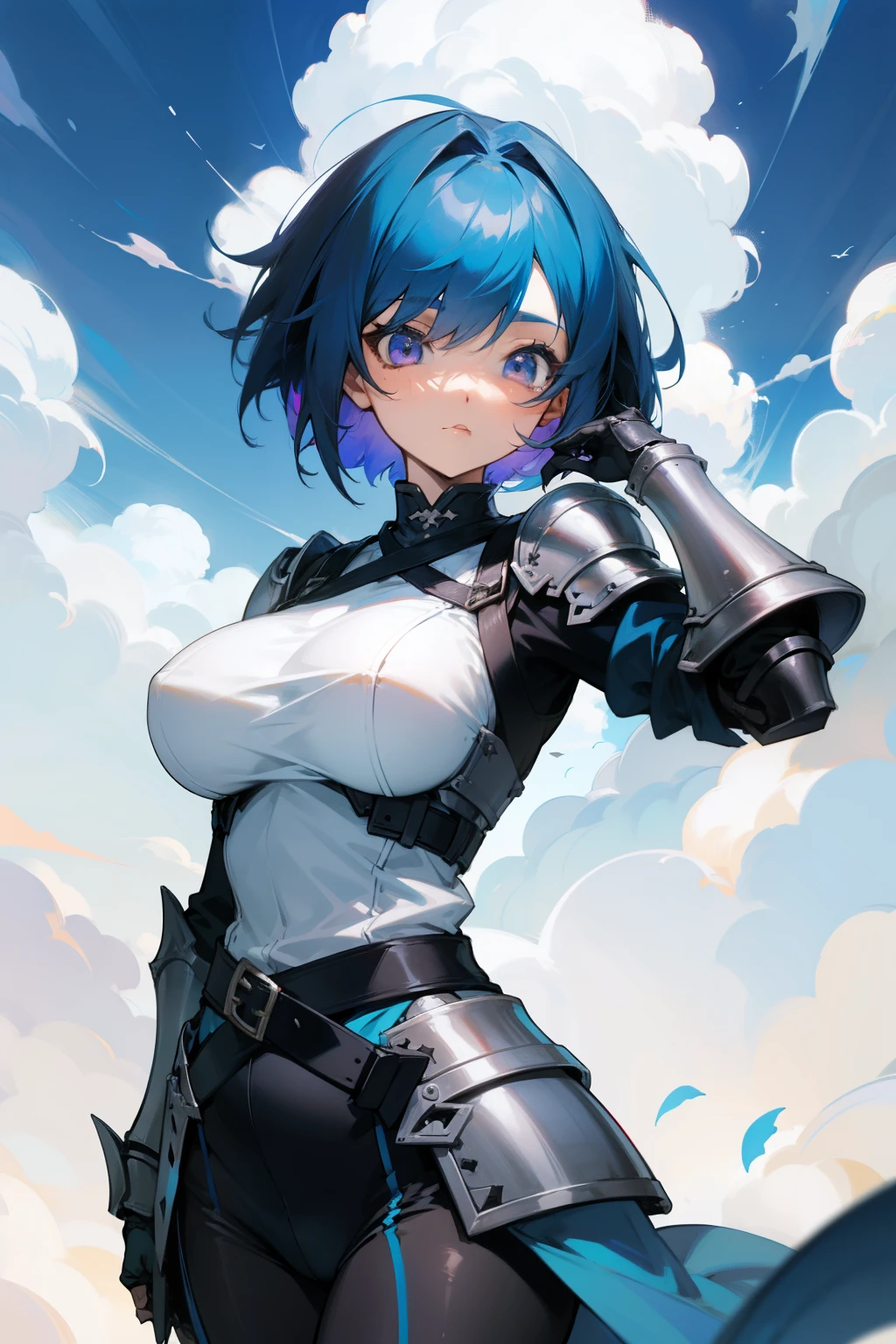 Cute girl, short blue hair, white eyes, black armor, covering her entire body, big breasts, black belt, brightly colored clouds in the background,