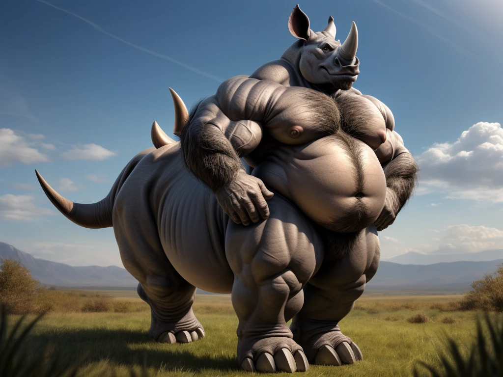 furry, fur taur, huge rhino, rhinotaur, middle-age, solo,1man, detailed face, rhino ears, rhino eyes(green), rhino nose, rhino mouth, garibaldi beard(grey), hair, mature hair(grey), detailed arm, thick arm, forearm hair, muscular, thick hands(5 fingers), detailed body belly, thick body, grey skin, muscle belly(white), thick chest, chest hair(white), nipples, detailed taur body, thick taur body, waist hair, thick rhino paws, rhino paws hair, thick rhino tail, bear tail, full body shot, standing on the grassy