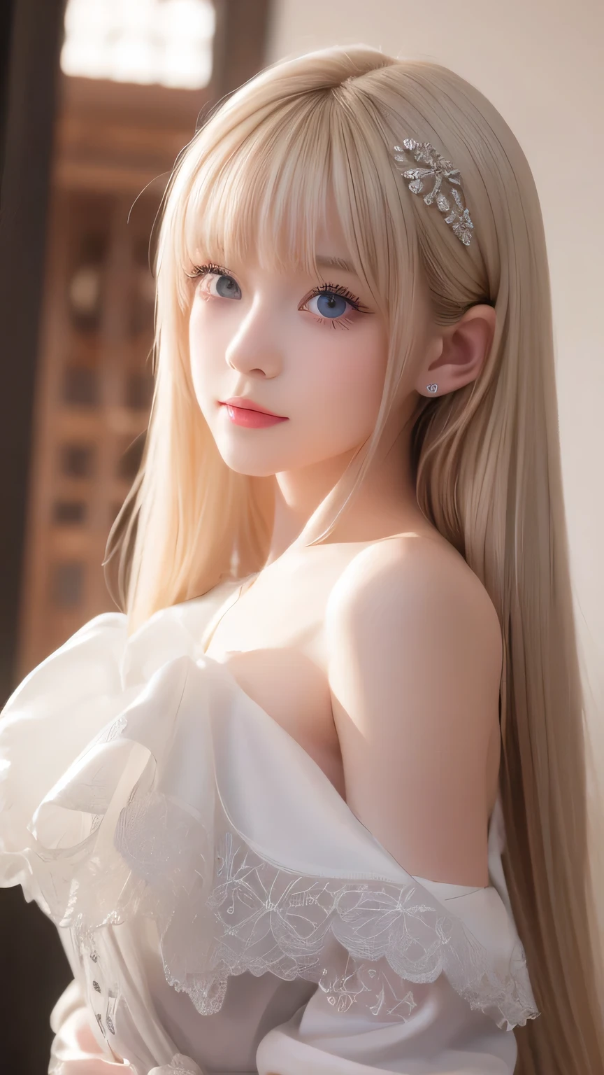 8k,Highest quality,The real picture,Intricate details,超A high resolution,Depth Field,Masseter muscle area,Natural soft light,Professional Lighting,One 15-year-old girl,(cute:1.2),(Gothic Fashion),Bright expression,Young shiny glossy white glossy skin,The ultimate beauty,The ultimate beautiful blonde girl,The most beautiful platinum blonde hair in the world,Shiny light blonde hair,Long silky blonde hair,Shiny beautiful bangs,Sparkling, clear, attractive, very bright cream white ice blue eyes,Very beautiful, lovely, cute1, beautiful blonde girl with a baby face、Blond hair blowing in the wind、Off the shoulder、Small Face Beauty、Round face、Cheek highlighter