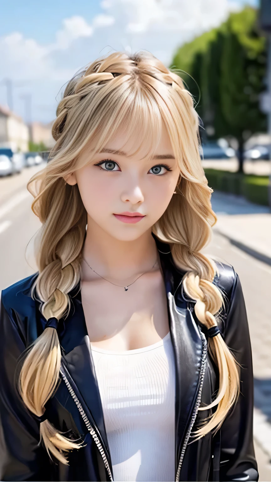 Sexy Big 、Sexy cute looks and cute beautiful girl, beautiful and sexy face、A strong wind blows my hair in front of my face、beautiful long blonde French braided hair、beautiful, Cute and sexy eyes hidden behind long bangs