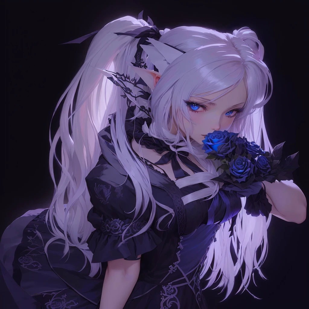 Anime girl with long white hair and blue eyes holding a rose, Gouvez on pixiv artstation, Gouvez on artstation pixiv, artwork in the style of Gouvez, gothic maiden anime girl, Gouvez, dark Elf, dark Elf princess, Black Rose, ArtStation pixiv trends, fantasy anime