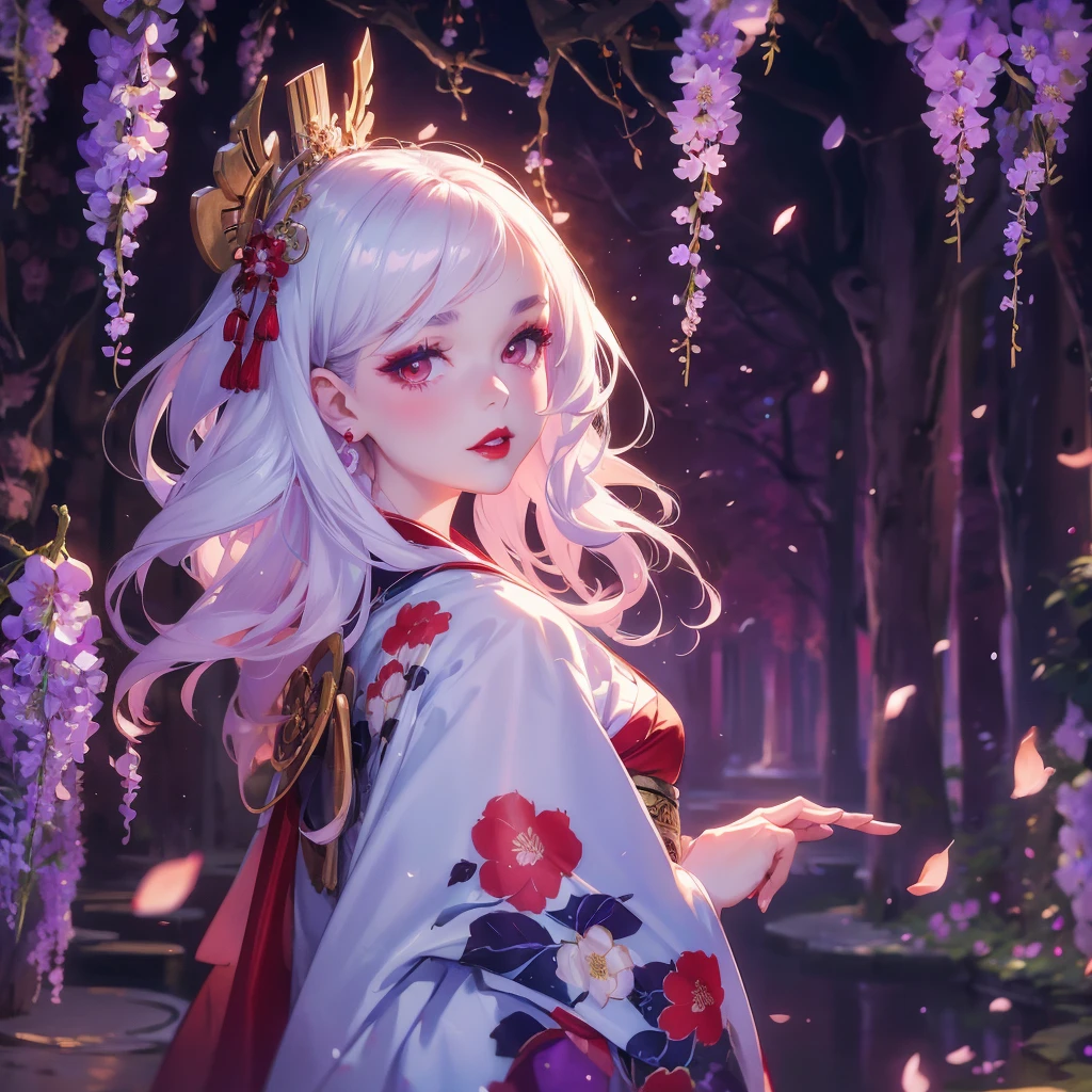 portrait of 1 beautiful geisha in the wisteria forest,  dark night, wavy hair, pale skin, makeup, red lips, , kimono, hanfu, floral print, (Beautifully Aesthetic:1.2),wisteria, peace, tranquility, serenity, petals