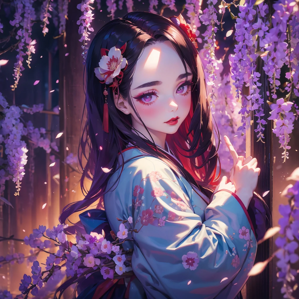 portrait of 1 beautiful geisha in the wisteria forest, dark night, wavy hair, pale skin, makeup, red lips, , kimono, hanfu, floral print, (Beautifully Aesthetic:1.2),wisteria, peace, tranquility, serenity, petals