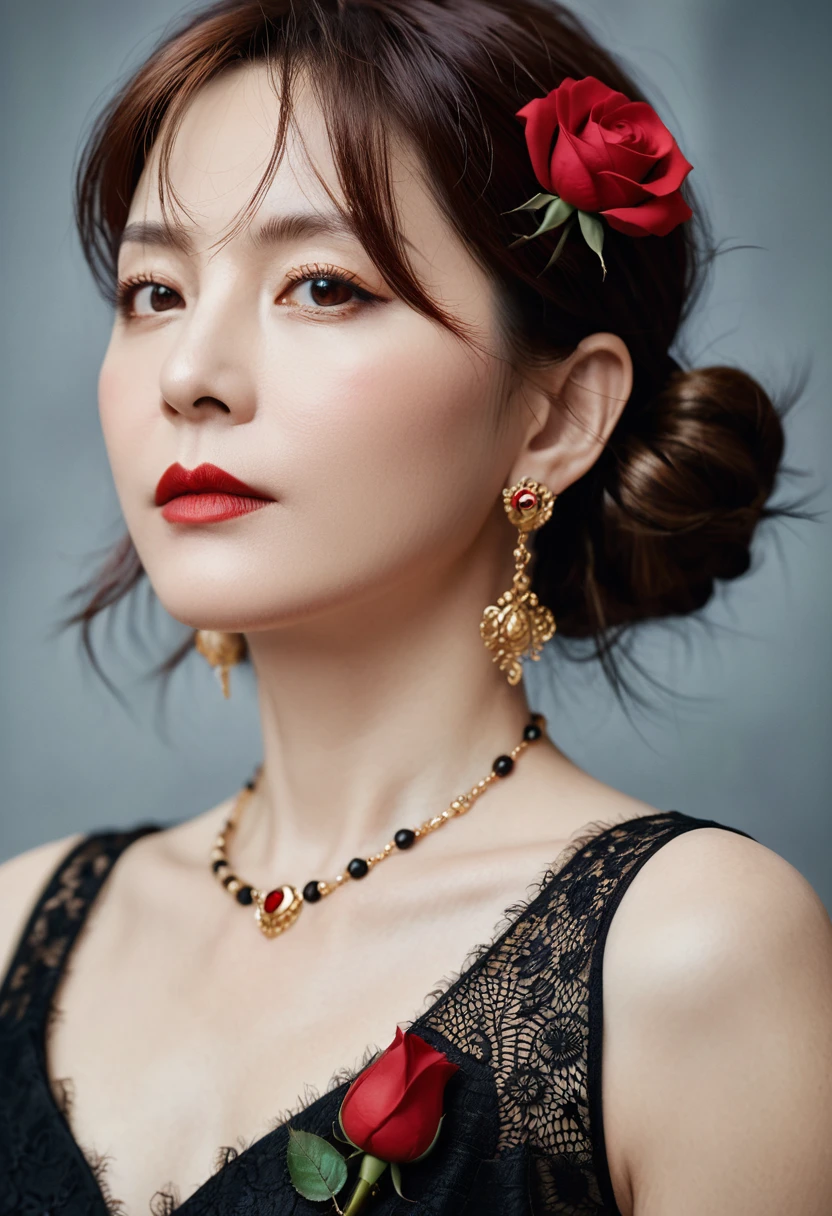 8K, RAW photos, Fujifilm, Stylized photo of a beautiful 45-year-old woman, Square face, There is a red rose on the neck, Wearing a black lace dress with red, Gold earrings, As powerful as a spinning pigeon, (Highly refined skin: 1.2), Medium brown hair with light, Film Grain, 35 mm, Cute style