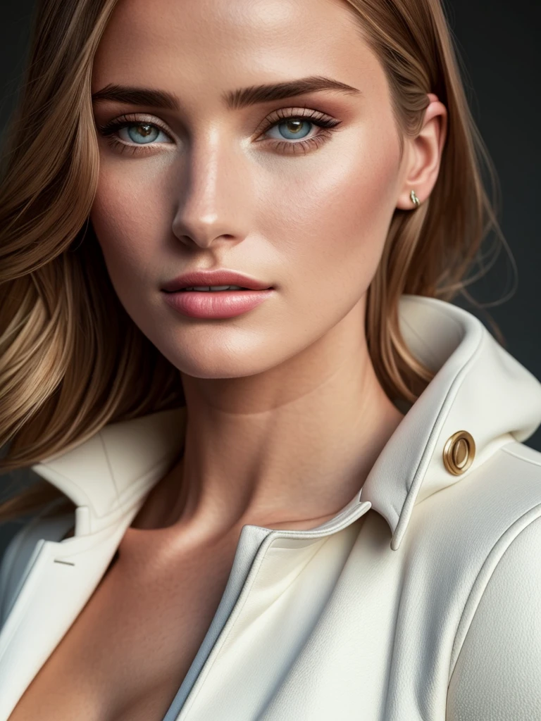 close up of a woman,portrait of (Rosie_HW_v1-2300:0.99), Masterpiece, absurdres, award winning photo of candices,(wearing a white jacket:1.1), extremely detailed, amazing, fine detail, extremely detailed eyes and face, by lee jeffries nikon d850 film stock photograph 4 kodak portra 400 camera f1.6 lens rich colors hyper realistic lifelike texture dramatic lighting unrealengine trending on artstation cinestill 800 tungsten, beautiful woman, slim, tiny waist,