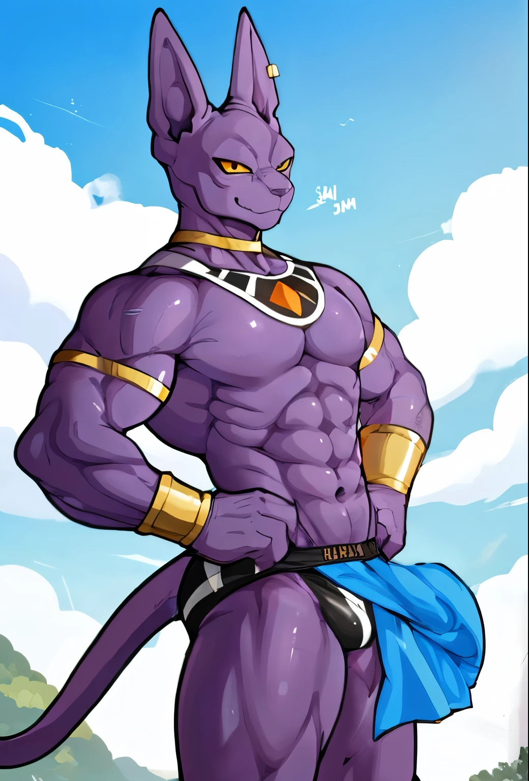 ((by Buta99, by SpiritD, best quality, masterpiece, perfect anatomy, detailed picture)), 1male, Beerus, adult, purple skins, yellow sclera, slit black eyes, detailed face, detailed eyes, skinny muscle body, an earring in the right ear, neck ring, long tail, Beerus's outfits,muscular, the second, large pectorals, venous muscles, detailed pecs, detailed abs, six pack abs, Huge muscles, flexing, wearing speedo, smilin, in the white background 