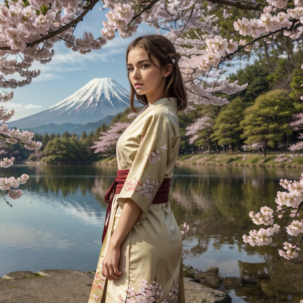 uhd, 4K, Ultra detailed, cinematic, beautiful girl, Brown hair, green eyes, Slavic heritage, slim,
blurred background,rim_world,frontworld,sideworld,Cherry blossom open, background - lake and Mount Fuji, no other man, foreground, Gorgeous kimono, Stuffy, epic, beautiful worlding, inspiring, beige background, cherry blossom