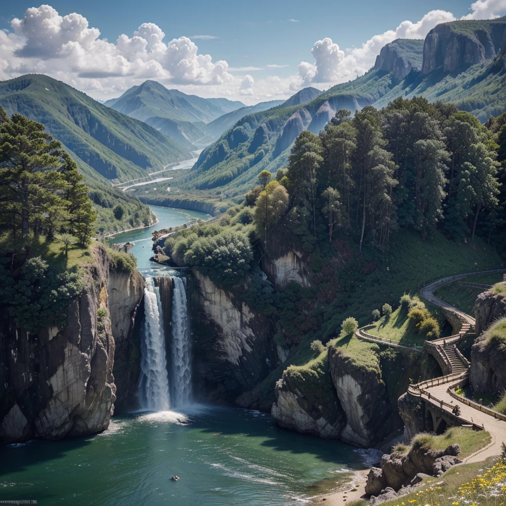 masterpiece, best quality, high quality, extremely detailed CG unity 8k wallpaper, scenery, outdoors, sky, cloud, day, no humans, mountain, landscape, water, tree, blue sky, waterfall, cliff, nature, lake, river, cloudy sky,award winning photography, Bokeh, Depth of Field, HDR, bloom, Chromatic Aberration ,Photorealistic,extremely detailed, trending on artstation, trending on CGsociety, Intricate, High Detail, dramatic, art by midjourney