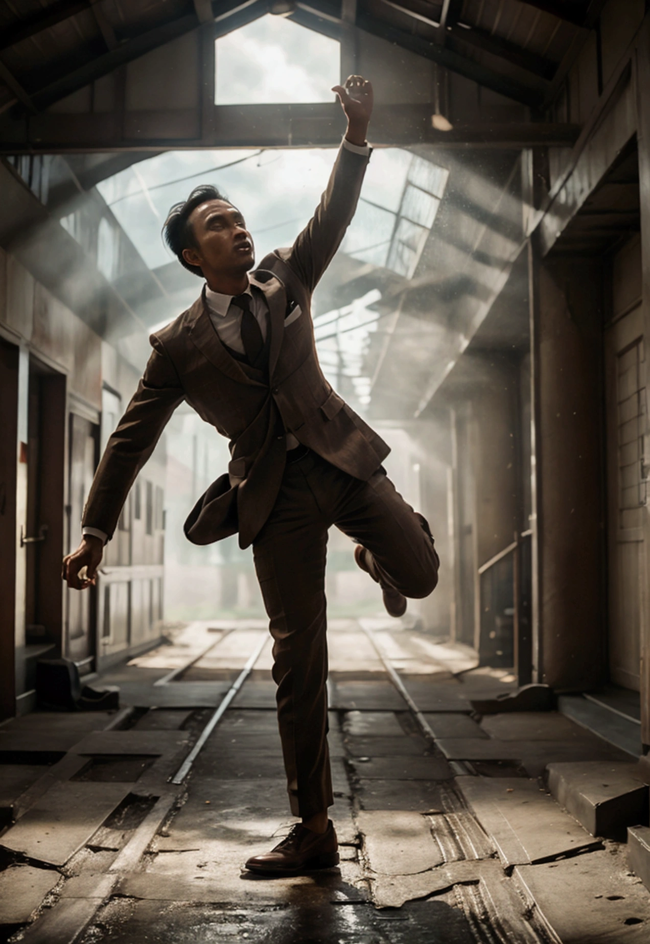 Scene: A Malay man in a vintage suit chases after a runaway train in an old, retro train station. He leaps over luggage and barrels while trying to catch up.
Camera Shot: Medium tracking shot, following the man from the side to emphasize his swift movements and the dynamic environment.
Cinematography: Muted color palette with warm tones, smooth tracking, and symmetrical framing to maintain the distinct Wes Anderson style.