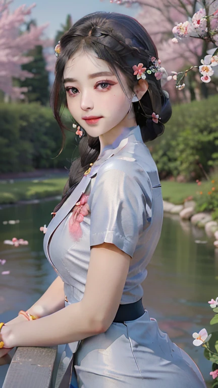 (best quality,4k,8k,highres,masterpiece:1.2),ultra-detailed,(realistic,photorealistic,photo-realistic:1.37),HDR,UHD,studio lighting,ultra-fine painting,sharp focus,physically-based rendering,extreme detail description,professional,vivid colors,bokeh,portrait,beautiful detailed eyes,beautiful detailed lips,extremely detailed eyes and face,longeyelashes,a glamorous woman with braids hairstyle,smiling,dimples,a red dress,posing,colorful flowers garden,a cherry tree,a stream