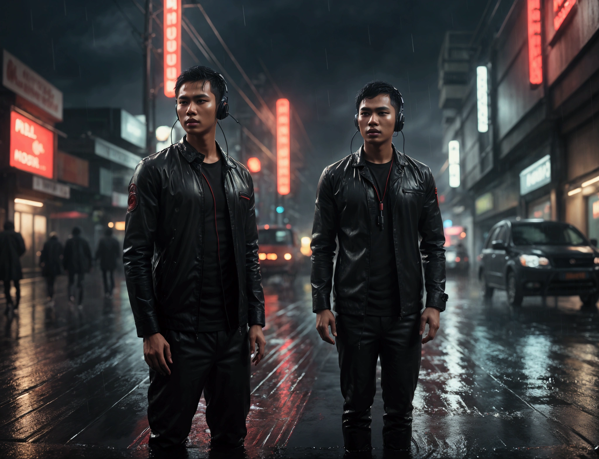 a malay man listening song on headphone in heavy rain, detailed scene, red, perfect face, intricately detailed photorealism, trending on artstation, neon lights, rainy day, stunning full body anime art