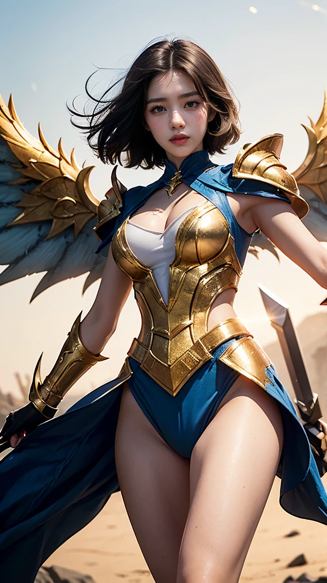 Illustrate Fiora in her Soaring Sword skin from League of Legends by Riot Games, wearing a celestial, winged armor with ethereal designs and a glowing rapier, have massive k-cups, in a divine, cloud-filled realm with floating islands and beams of light.