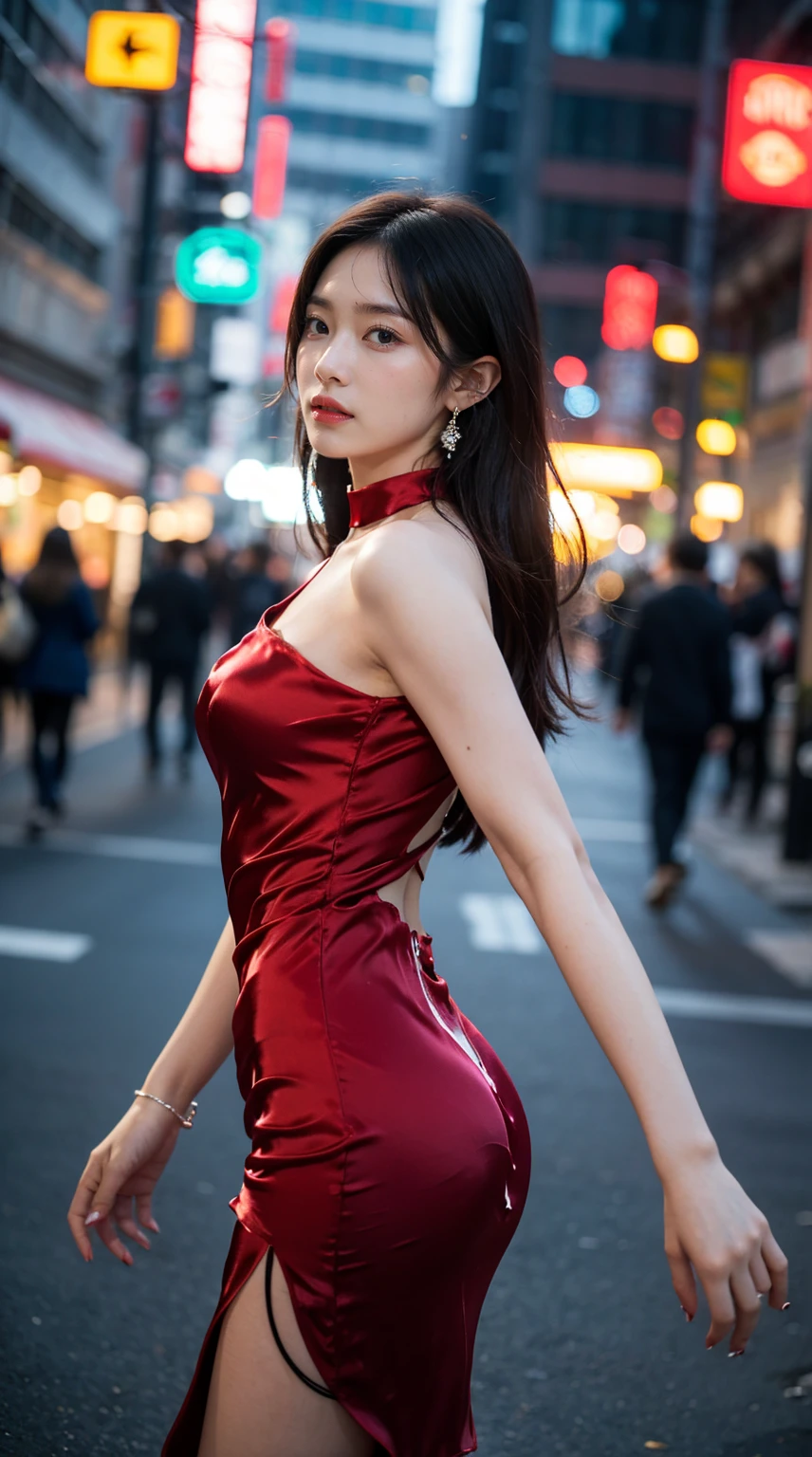 8k，masterpiece，RAW photos，best quality，Detail：1.2），henthal realism，Highly granular CG integration 8k，8k，diamonds and wallpapers，depth of field photography film light，Lens Flash，light tracking，（Very pretty look，beautiful lips，beautiful eyes），A face with intricate details，（（Super Detail Skins））1 girl，Korean Female Model，어둠 속의 어두운 night，deep shadows，pretty korean girl，kpop idol，（very slim, slim and muscular body.：1.3），（View audience），（tight miniskirt），（(red dress:1.4)），（injection sleeve），（도시의 night，（neon sign），（night），Beautiful Korean girl earrings，wristband，choker necklace，Lace-up pantyhose，clear eyes，walk，（pale skin），facing forward，（big eyes），（（Upper body shot）），tight clothes.，((silk dress:1.4))，Lace-up dresses，see through dress，turn around，rear shot，very slim，slander，slander, Crowded city streets:1.3