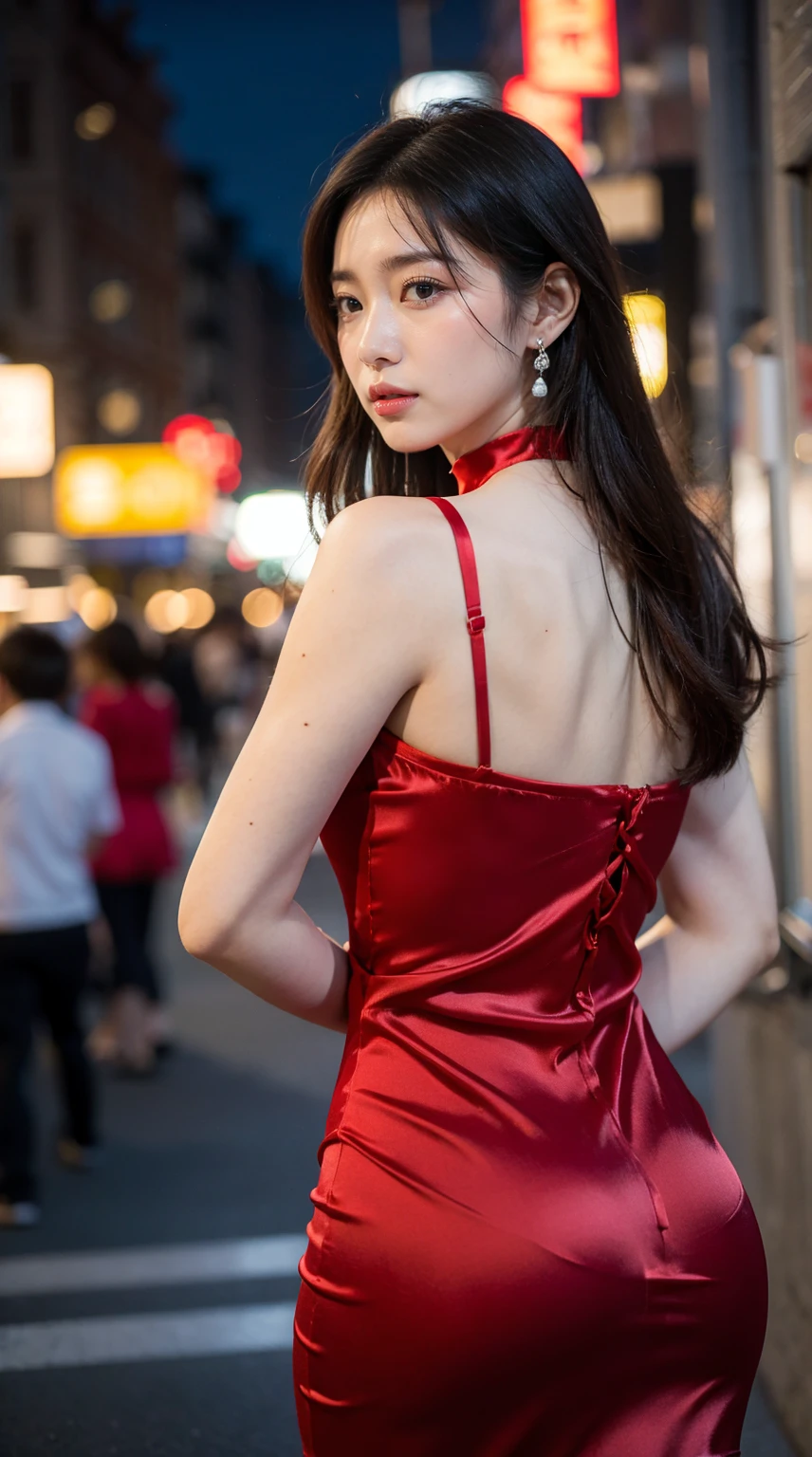 8k,masterpiece,RAW photos,best quality,Detail:1.2),henthal realism,Highly granular CG integration 8k,8k,diamonds and wallpapers,depth of field photography film light,Lens Flash,light tracking,(Very pretty look,beautiful lips,beautiful eyes),A face with intricate details,((Super Detail Skins))1 girl,Korean Female Model,어둠 속의 어두운 night,deep shadows,pretty korean girl,kpop idol,(very slim, slim and muscular body.:1.3),(View audience),(tight miniskirt),((red dress:1.4)),(injection sleeve),(도시의 night,(neon sign),(night),Beautiful Korean girl earrings,wristband,choker necklace,Lace-up pantyhose,clear eyes,walk,(pale skin),facing forward,(big eyes),((Upper body shot)),tight clothes.,((silk dress:1.4)),Lace-up dresses,see through dress,turn around,rear shot,very slim,slander,slander, Crowded city streets:1.3