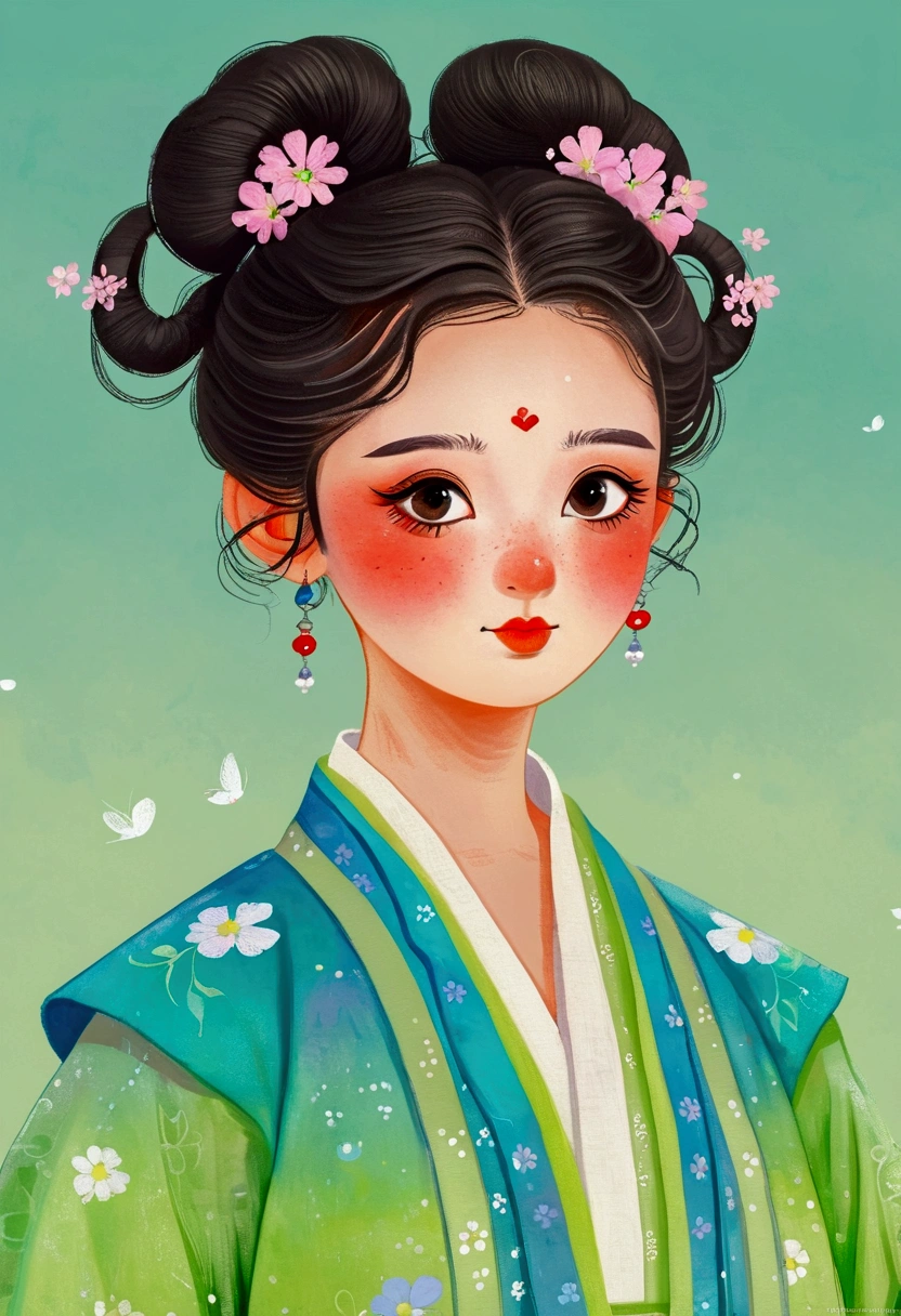 Pastel Art：Cute girl in Hanfu,High bun，big eyes， Lovely and detailed digital art, official art works, A beautiful artistic illustration, Clean background
