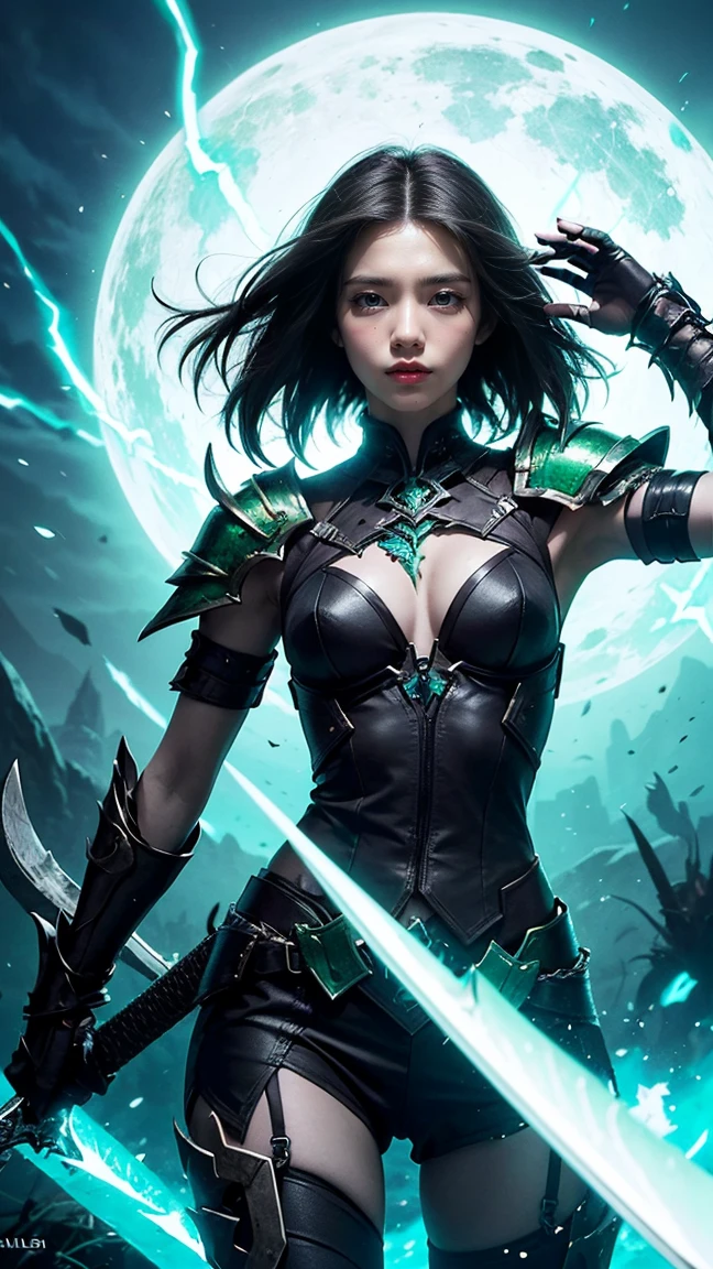 Draw Riven in her new 'Ruined' skin, featuring a dark, ethereal armor with ghostly green accents and tattered elements. Riven is activating her 'Blade of the Exile' ability, with her sword glowing a haunting green and dark energy swirling around her as she prepares for a powerful strike.