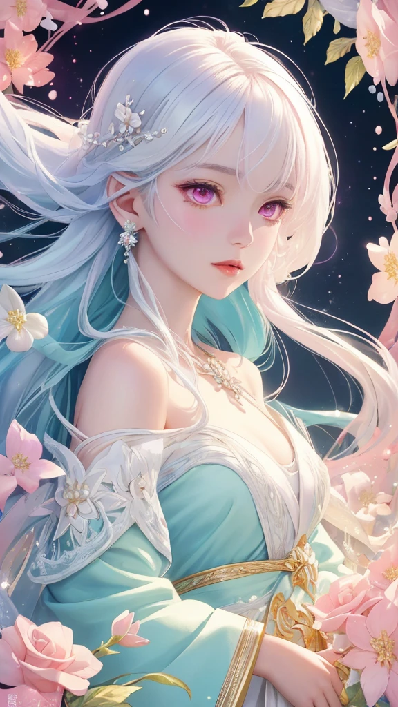 Dazzling colorful lights,Intricate details,Face close-up,Pale pink eyes and white hair with crystal details,Beautiful woman,White flowers in her hair,Pale skin,Light background,Fantasy art style,Fantastic illustrations of Kawashi,pastel colour,Inspired by anime aesthetics,Ethereal Light,Fantasy Style,clavicle,Exposed shoulders,Floating Feather,Shining in a variety of colors,In anime style.,Side angle of view,Ultra-high resolution,Textured skin,Attention to detail,Highest quality,Highest quality,front、Look forward、着物を着てfrontに顔を向ける、身体ごとLook forward、Gaze, Open your mouth, Character portrait, Take a closer look,