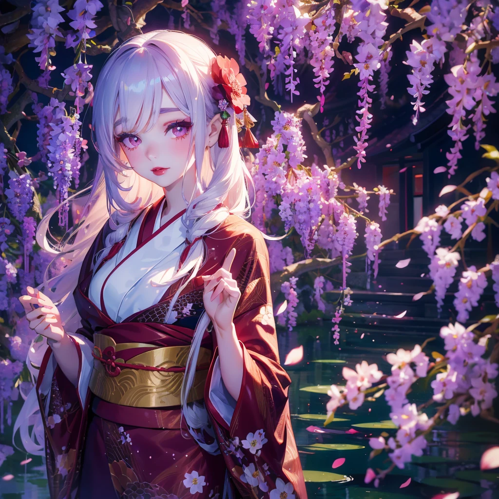 portrait of 1 beautiful geisha in the wisteria forest,  dark night, wavy hair, pale skin, makeup, red lips, , kimono, hanfu, floral print, (Beautifully Aesthetic:1.2),wisteria, peace, tranquility, serenity, petals