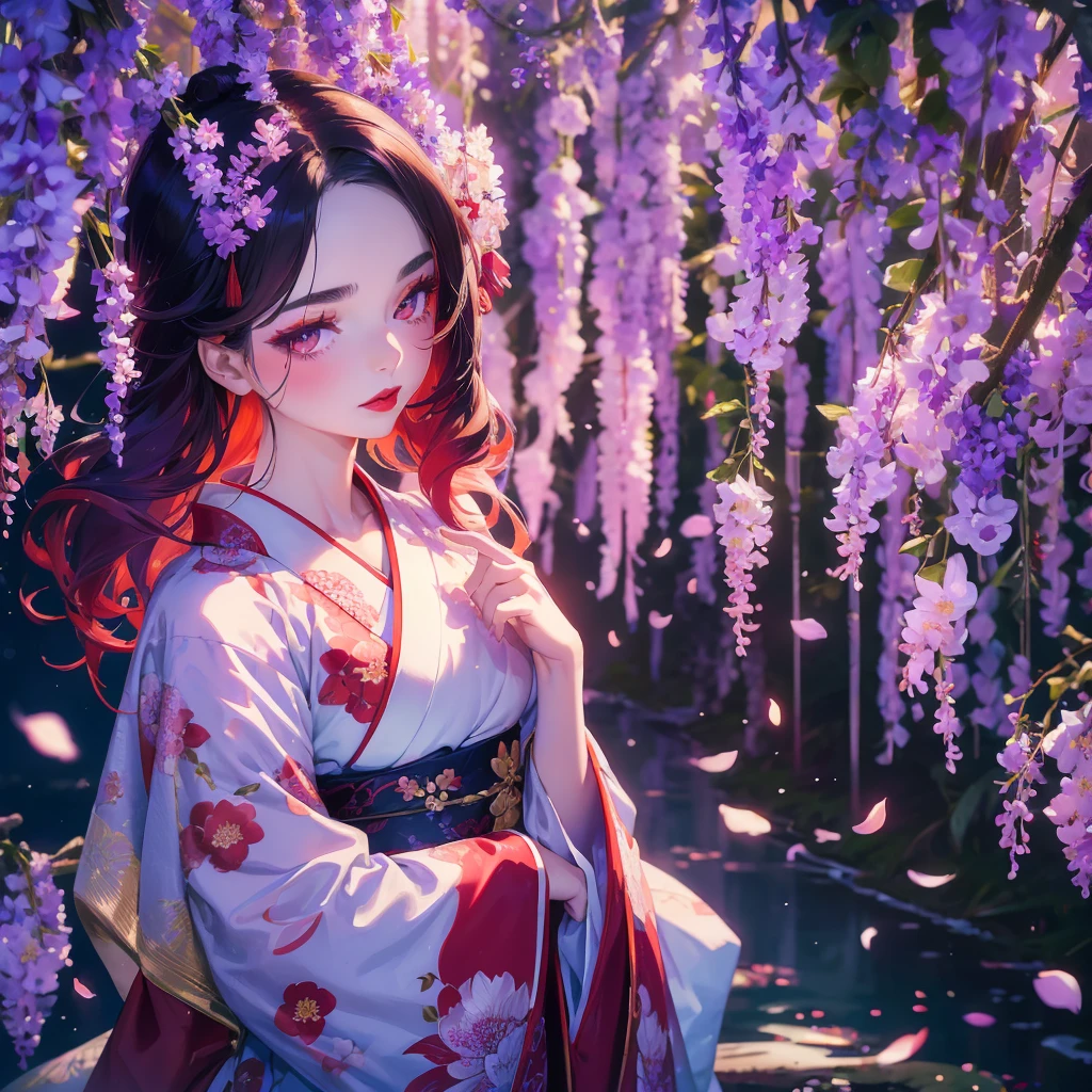 portrait of 1 beautiful geisha in the wisteria forest, dark night, wavy hair, pale skin, makeup, red lips, , kimono, hanfu, floral print, (Beautifully Aesthetic:1.2),wisteria, peace, tranquility, serenity, petals
