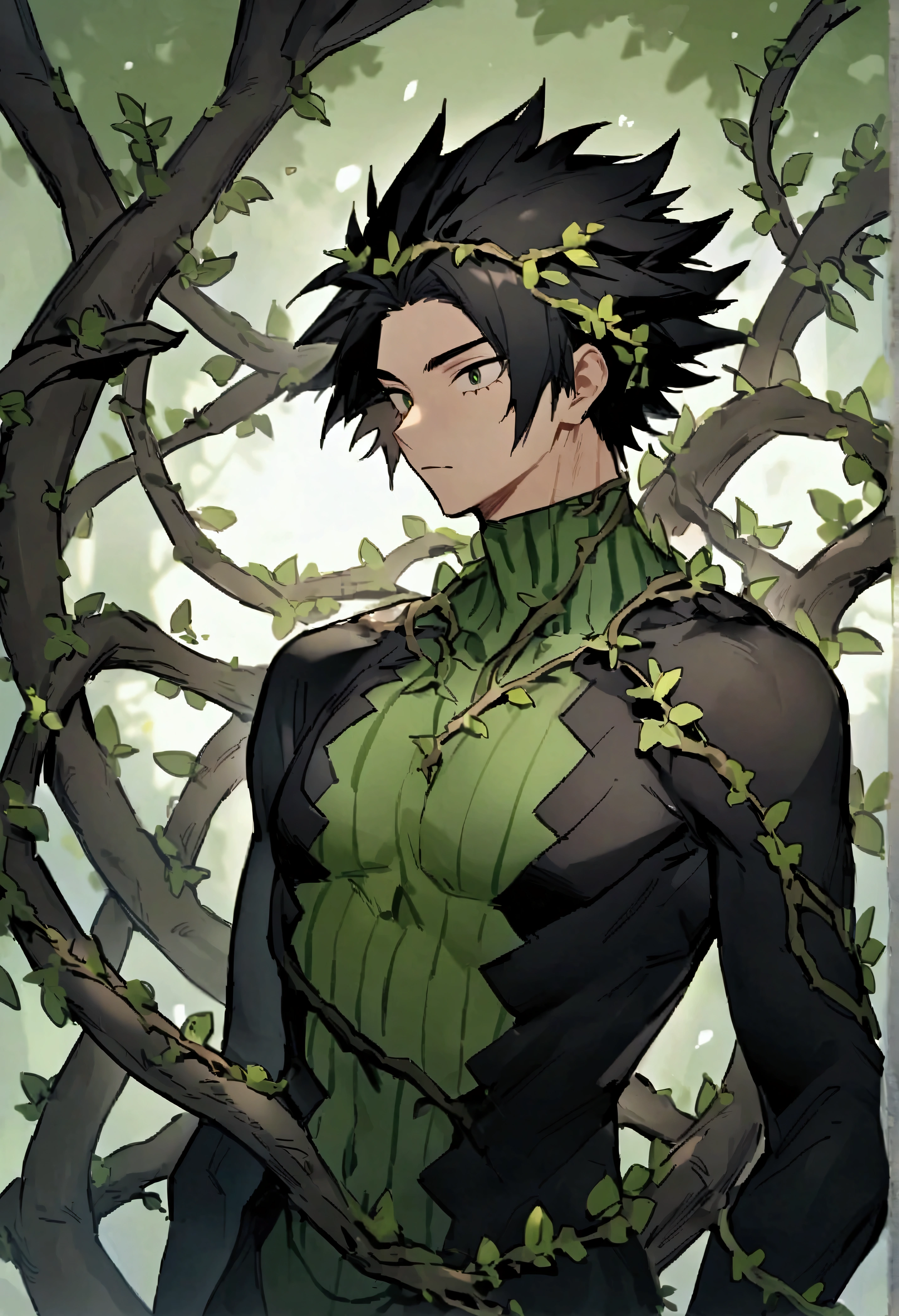 《My Hero Academia》Male characters in,Has long black hair,There are green stripes on it,There are branches or vines on the body