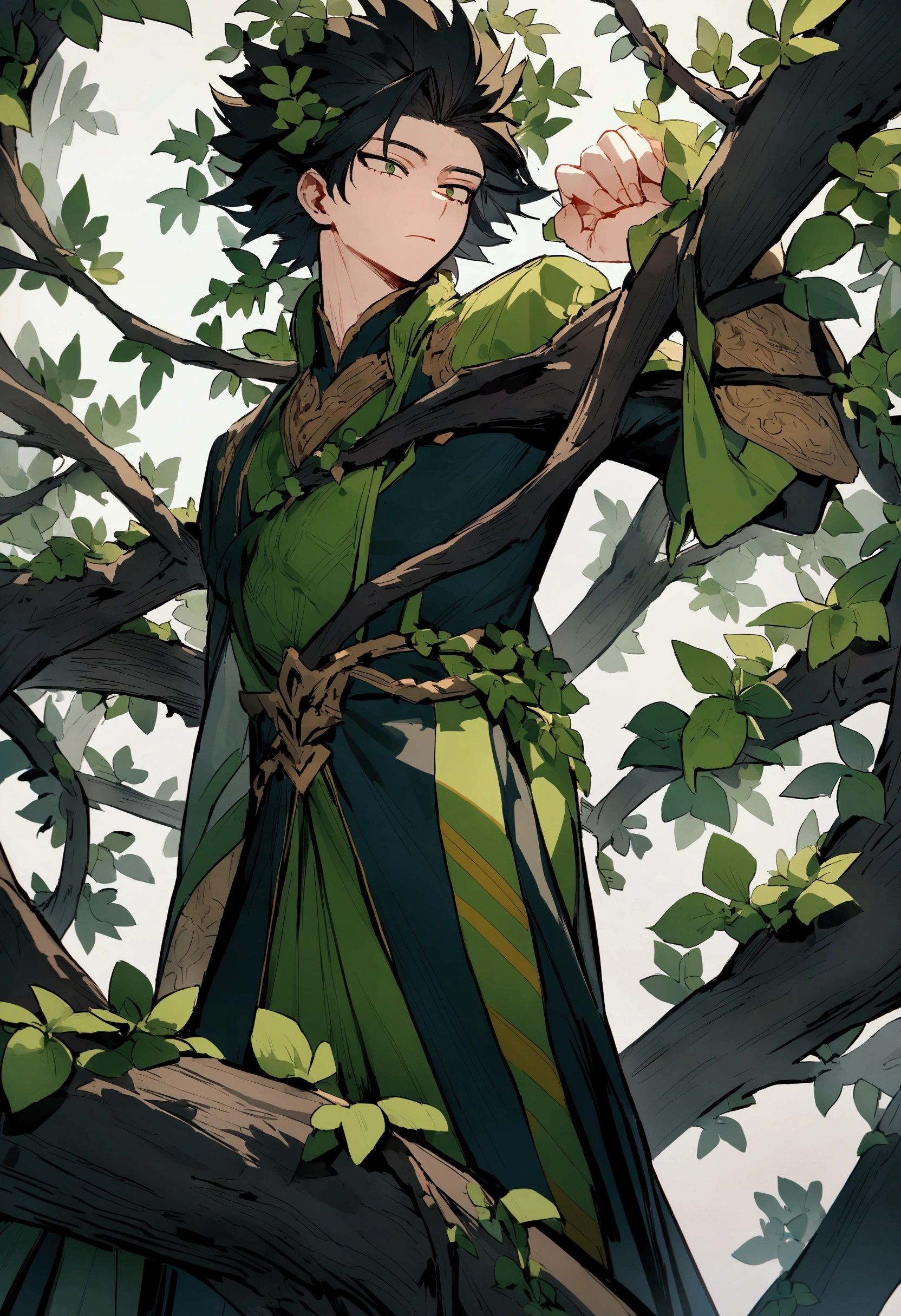 masterpiece, fantasy, green magic, (1man), shad0mancer, skinny body, narrow waist, short brown hair, green eyes, (disney style:1.2), dynamic pose is casting a magic spell, green energy particles, detailed hands, crotch bulge,
simple background, jungle, daytime,
<lora:Concept - Shadowmancer:0.6>