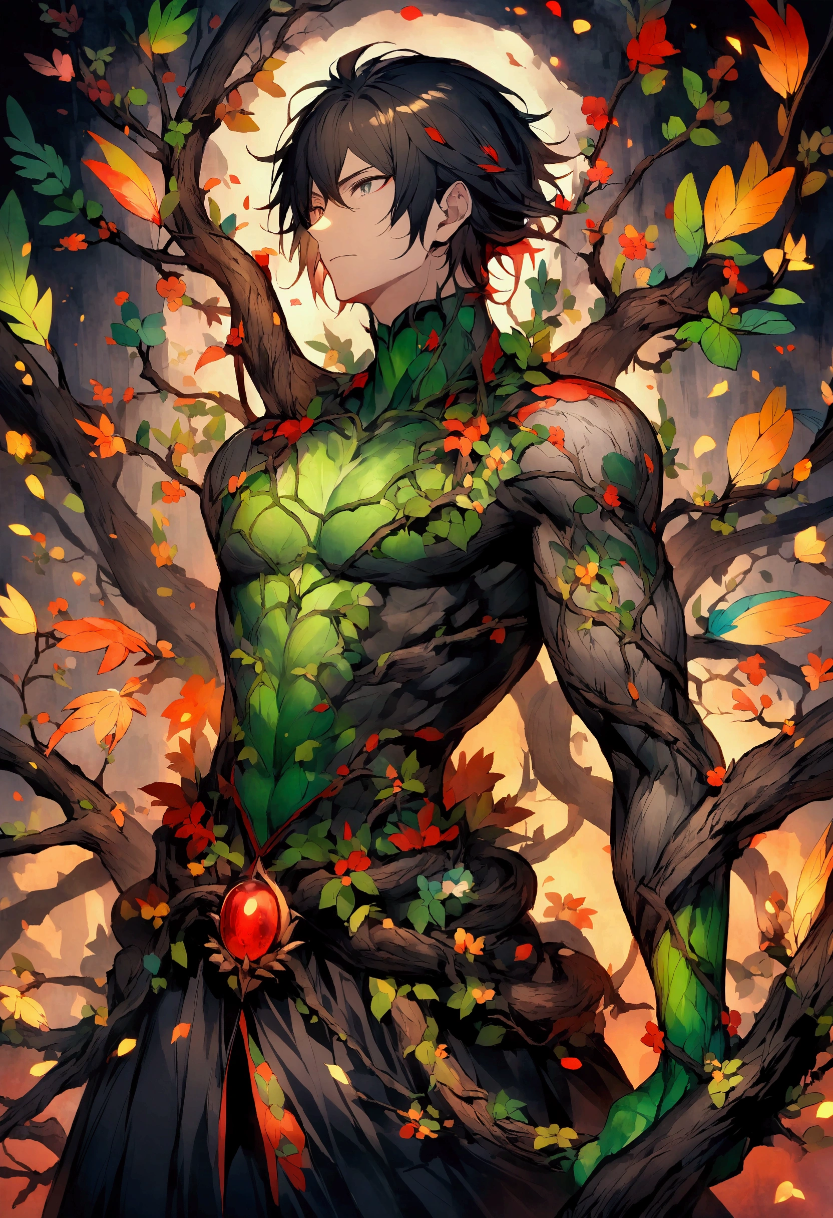 Anime male characters,Has long black hair,There are green stripes on it,There are branches or vines on the body