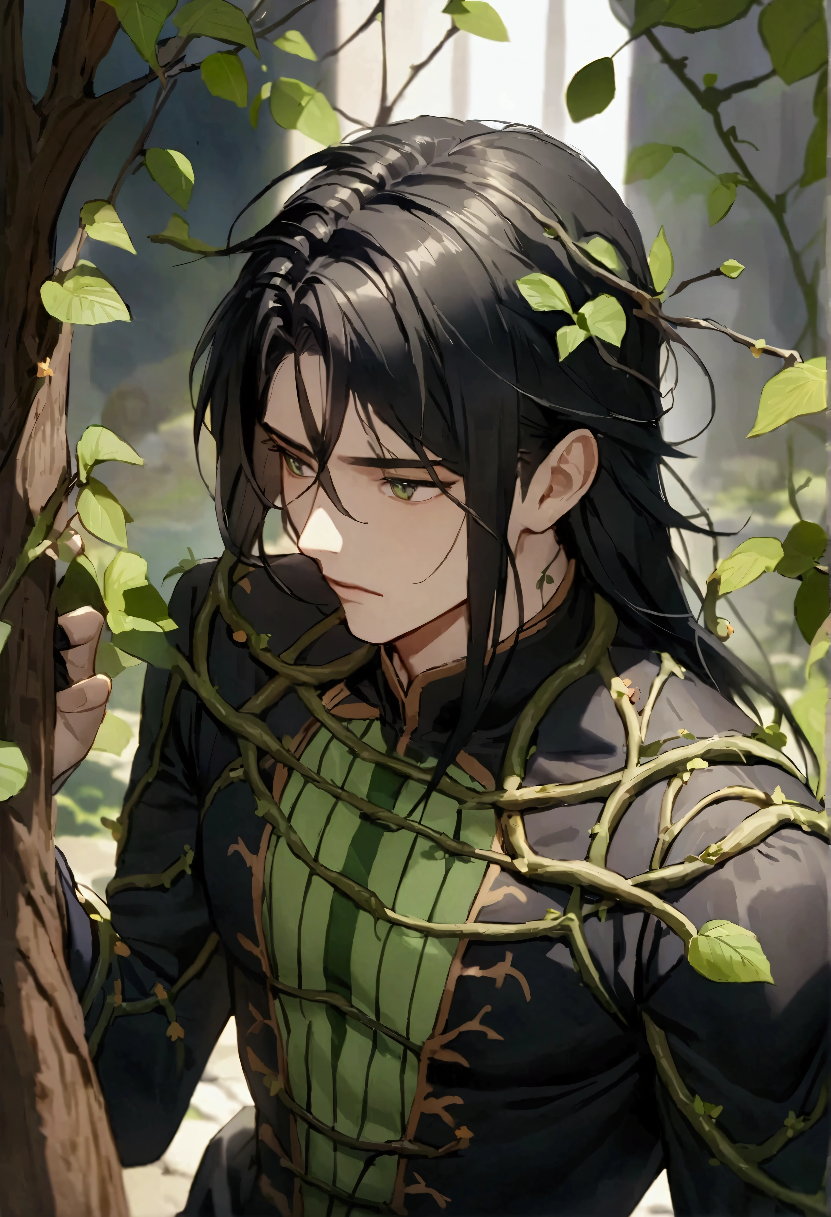 Anime male characters,Has long black hair,There are green stripes on it,There are branches or vines on the body