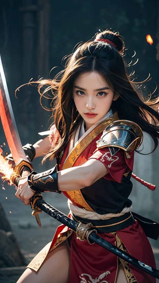 Illustrate Riven in her 'Valiant Sword' skin. She’s dressed in a noble, samurai-inspired armor with intricate patterns and flowing fabric. Riven is mid-action, executing her 'Runic Blade' ability, with her sword glowing with runic symbols and energy pulsing through the blade as she swings it with precision.